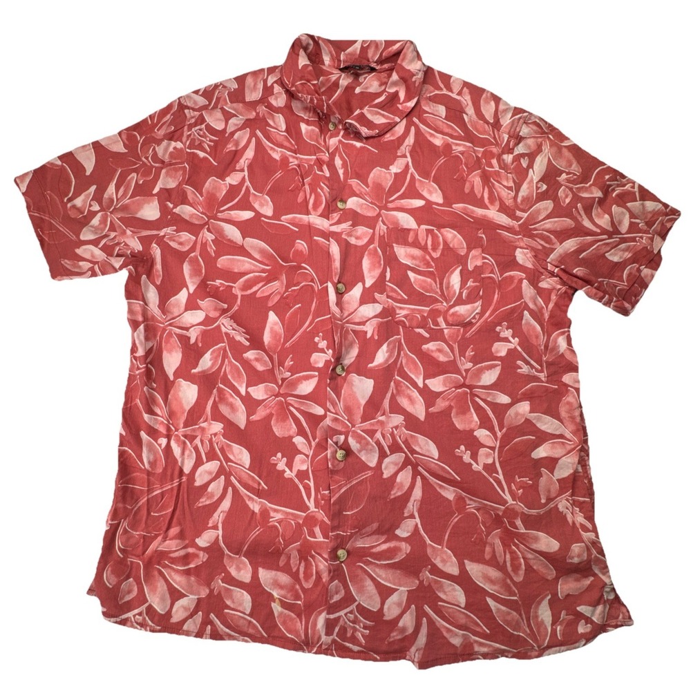 George Tropical Leaf Print Button Down Shirt Size Large Red Short Sleeve
